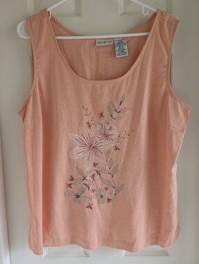 Vintage White Stag Peach Linen Blend Tank Top Floral Embroidered Coastal XL